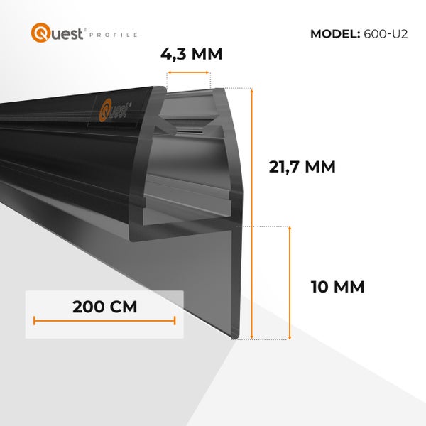 Quest Profil Modell 600 U2 Dichtungsprofil für Glas mit Maßangaben 4,3 mm, 21,7 mm, 10 mm und 200 cm Länge