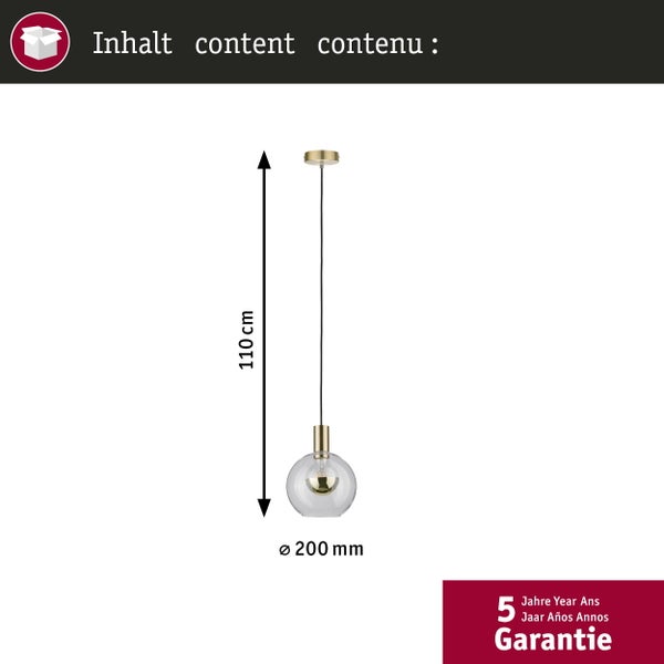 Pendelleuchte mit Glasschirm, Höhe 110 Zentimeter, Durchmesser 200 Millimeter, inklusive 5 Jahre Garantie.