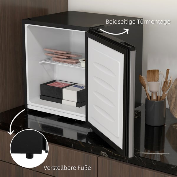 Kleiner schwarzer Kühlschrank mit offener Tür, beidseitiger Türmontage und verstellbaren Füßen.
