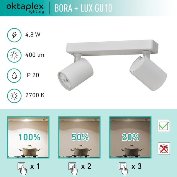 Bora Deckenstrahler 3-Stufen dimmbar GU10 400lm 2700K warmweiß 2-flammig Spotbalken für Decken- und Wandmontage in Deckenlampe Weiß