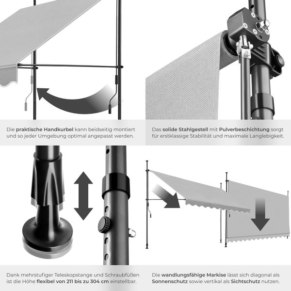 Collage: beidseitige Handkurbel, pulverbeschichteter Stahl, höhenverstellbare Teleskopstange von 211 bis 304 cm, Sonnenschutz und Sichtschutz.