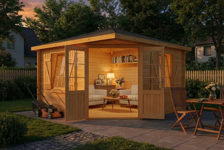 Holzgartenhaus mit offenen Türen, Rasenmäher, Gartentisch und Stühlen auf einer Terrasse.