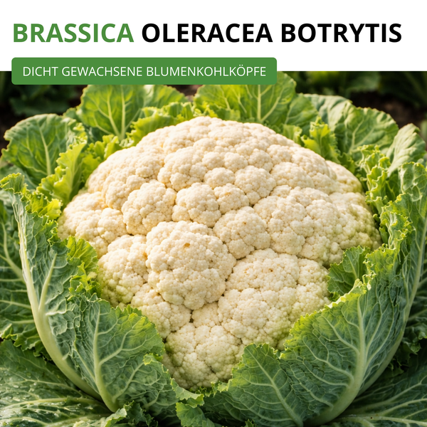 Nahaufnahme eines dicht gewachsenen Blumenkohls Brassica oleracea botrytis mit grünen Außenblättern.
