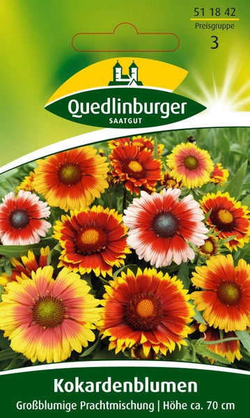 Samentüte für Kokardenblumen mit Quedlinburger Logo, großblumige Prachtmischung, Wuchshöhe circa 70 Zentimeter.