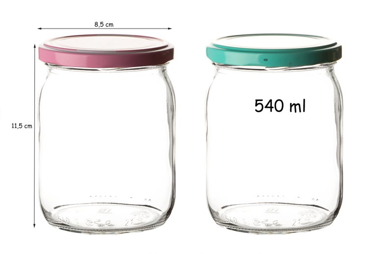 Zwei 540-ml-Einmachgläser aus Glas mit Deckel und den Maßen 8,5 cm x 11,5 cm