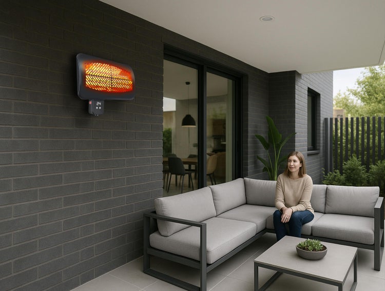 Terrasse mit Infrarot Heizstrahler und Sitzgruppe