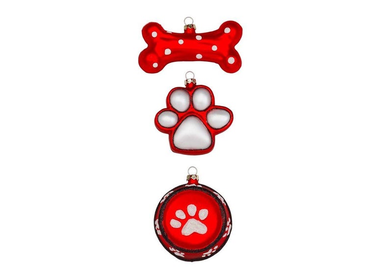 Set mit drei weihnachtlichen Anhängern in Form von Knochen, Pfote und Kugel mit Pfotenmotiv als Baumschmuck