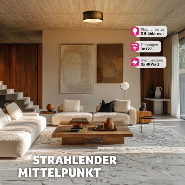 Deckenleuchte im Wohnzimmer mit Hinweisen zu Fassungen, Anzahl Leuchtmittel und Leistung