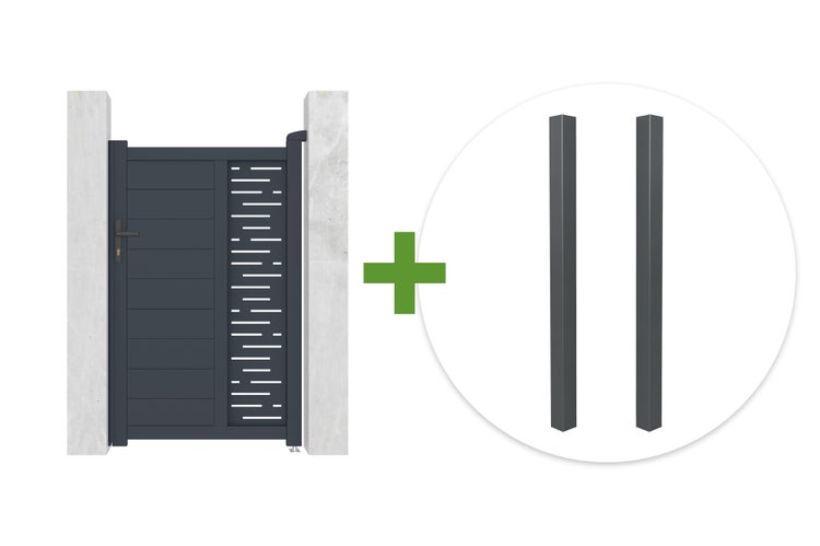 Anthrazitfarbenes Gartentor aus Aluminium mit dekorativem Muster und passenden Torpfosten im Set.