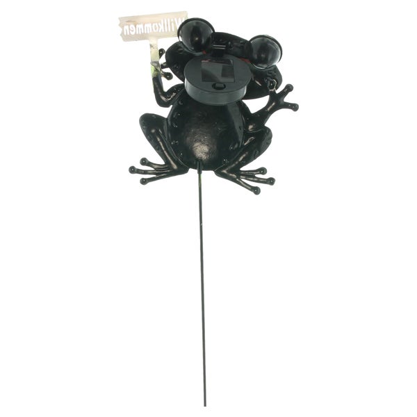 Solar-Gartenstecker Frosch mit Willkommensschild aus schwarzem Metall.