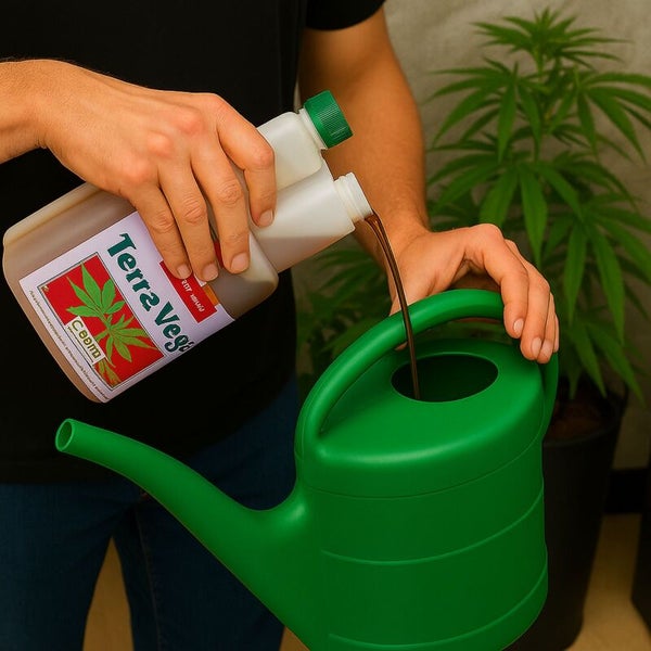 Eine Person gießt flüssigen Pflanzendünger der Marke Terra Vega aus einer Kunststoffflasche in eine grüne Gießkanne.