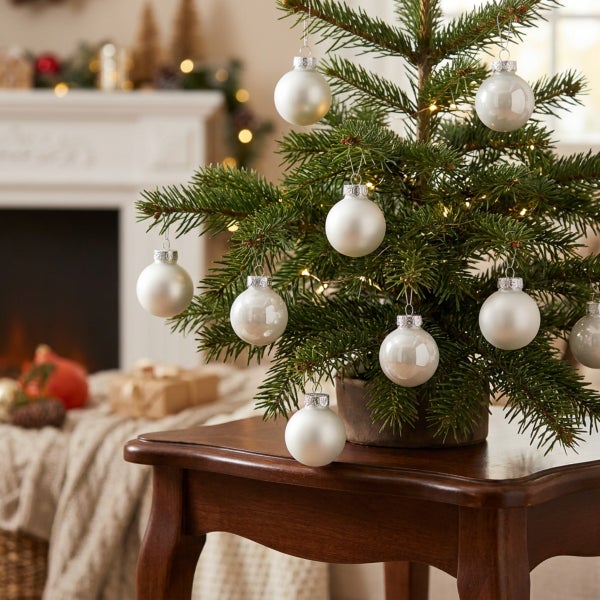 Ein kleiner Weihnachtsbaum mit Weihnachtskugeln steht auf einem Holztisch vor einem Kamin in einer gemütlichen weihnachtlichen Wohnzimmerkulisse.