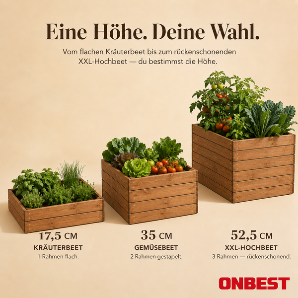 ONBEST Logo. Drei stapelbare Holz-Hochbeete in den Höhen 17,5 Zentimeter, 35 Zentimeter und 52,5 Zentimeter mit Pflanzen.