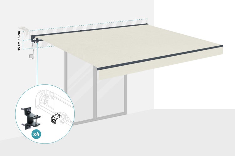 Montierte Markise mit Windsensor und vier Wandhalterungen