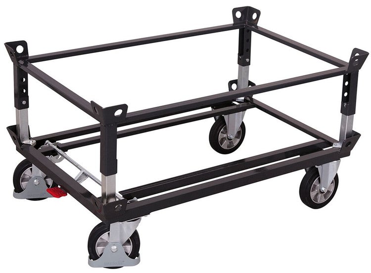 Fahrbares Palettenfahrgestell aus schwarzem Stahl mit vier Lenkrollen und Feststellern.