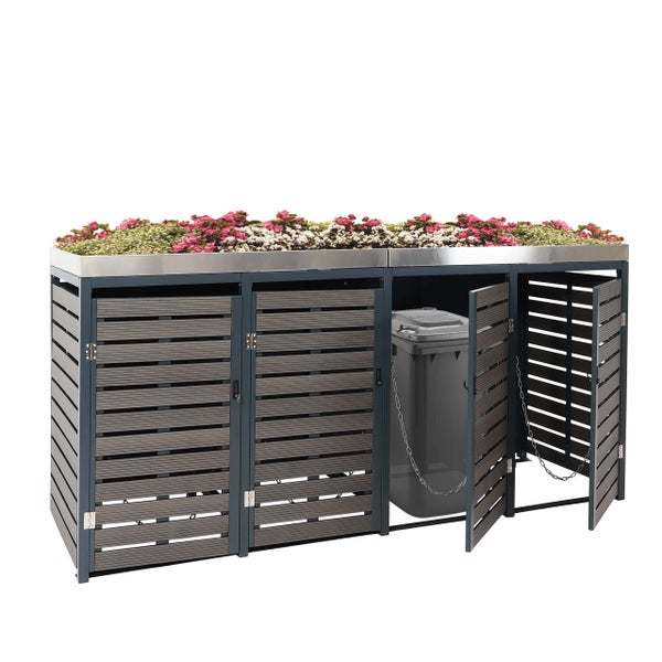 Mülltonnenbox mit Bepflanzung auf dem Dach und einer geöffneten Tür mit Kette