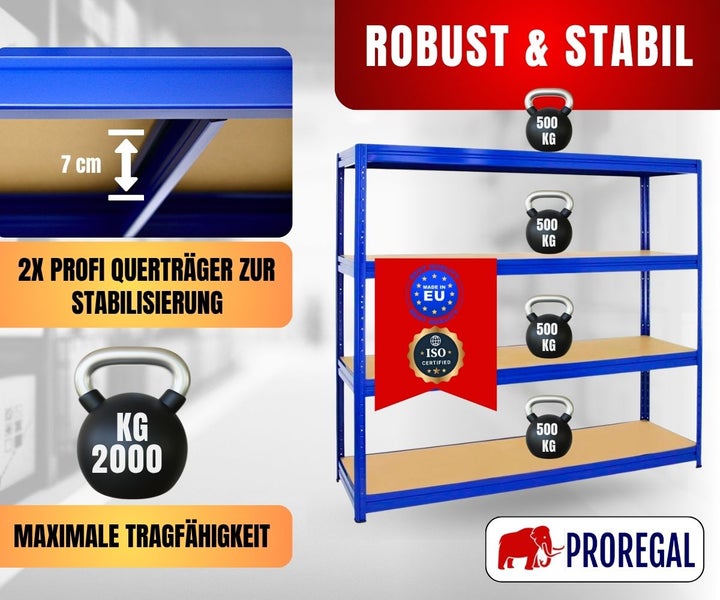 Metallregal, vier Böden, zwei 7 Zentimeter Querträger, Tragkraft 500 Kilogramm pro Boden, gesamt 2000 Kilogramm, ISO zertifiziert, Proregal Logo.