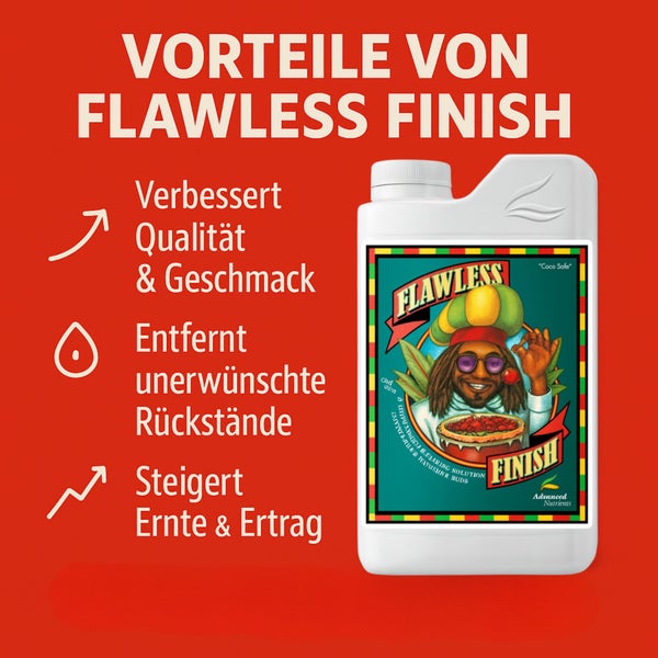 Abbildung einer Flasche Flawless Finish von Advanced Nutrients mit Informationen zu den Produktvorteilen.