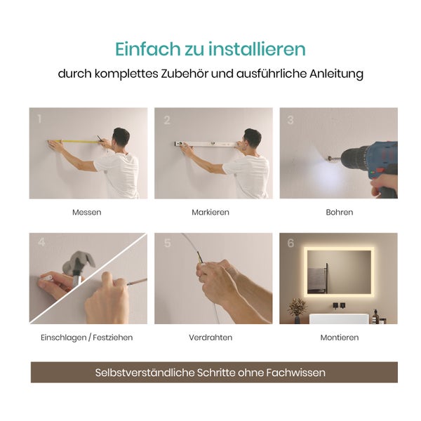 EMKE Badspiegel mit Beleuchtung 50x70 cm, Warmweiß, 20,5 W, 4 mm rostfreier Spiegel, Aluminiumrahmen Weiß, flexibel montierbar, IP44, für Bad