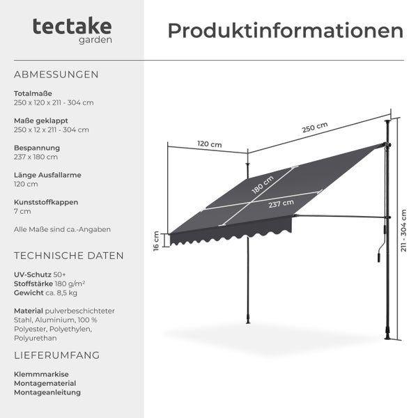 Klemmmarkise tectake  einfache Montage mit Handkurbel schwarz/grau