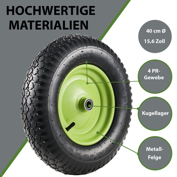 Schubkarrenrad mit Luftbereifung, 40 Zentimeter Durchmesser, 4 PR Gewebe, Kugellager und Metallfelge.