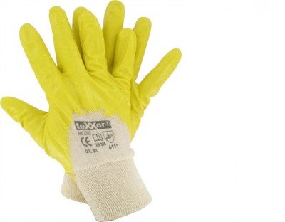 texxor Arbeitshandschuhe mit gelber Beschichtung und Strickbund für mechanischen Schutz.