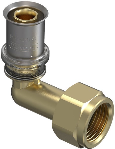 Wavin Press-Winkel 90 Grad aus Messing mit Überwurfmutter und Presshülse.