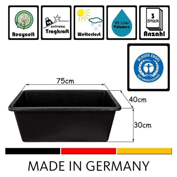 BigDean 3x Mörtelkasten 65 Liter Eckig Miniteich Baueimer - 75 x 40 x 30 cm - Speiswanne Zementwanne Mörtelwanne - Made in Germany - Blauer Engel