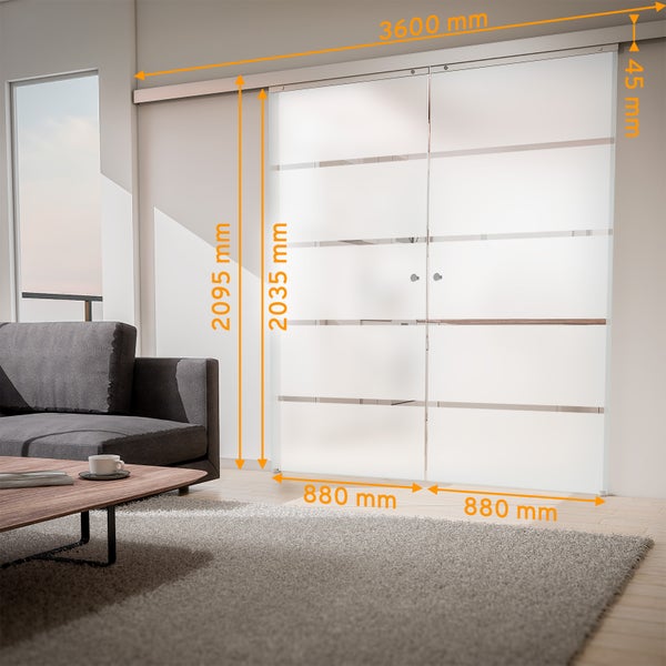 Tür doppelflügelige Schiebetür Komplettset Glas Blockstreifen 1760x2035 Zimmertür Glasschiebetür -  Griffknopf+2seitiger Softclose