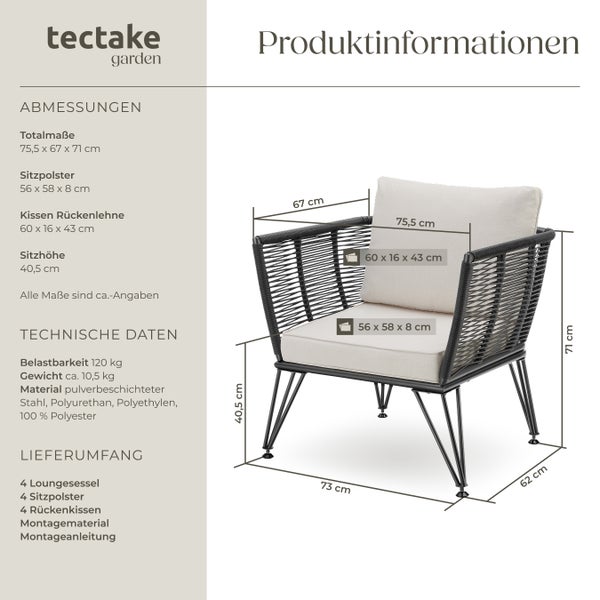 Garten-Loungesessel  tectake Sundo 75,5 x 67 x 71 cm rundes Polyrattan im Rope-Design anthrazit