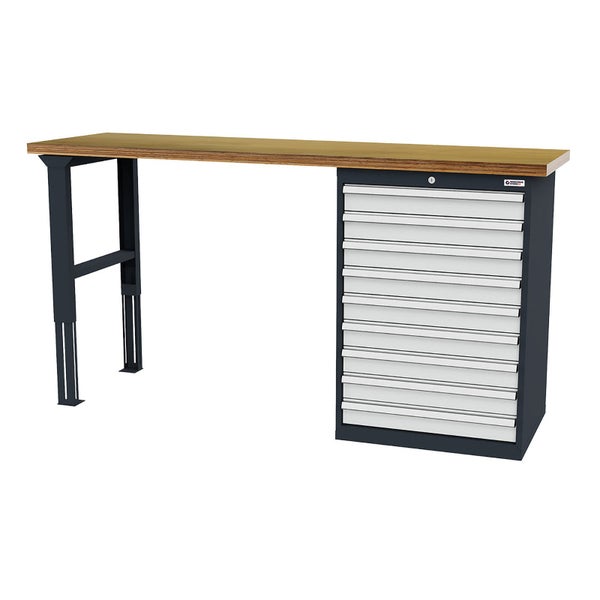 Höhenverstellbare Werkbank mit Holzplatte, Metallgestell, abschließbarem Schubladenschrank mit zehn Schubladen und Werkzeug Store 24 Logo.