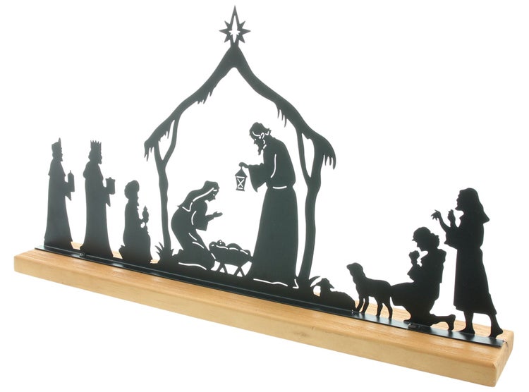 Silhouette einer Weihnachtskrippe aus Metall auf Holzsockel