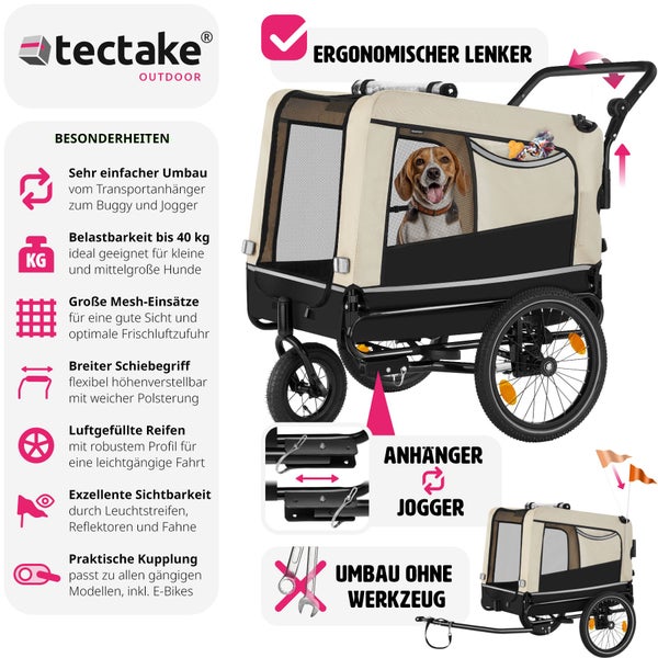 Hundeanhänger tectake WoofRider inklusive Reflektoren, Leine und Warnfahne 3in1 multifunktional beige