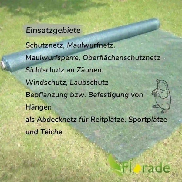 Eine Rolle Schutznetz auf Gras mit einer Liste der Einsatzgebiete wie Maulwurfnetz, Sichtschutz, Windschutz und Florade Logo.