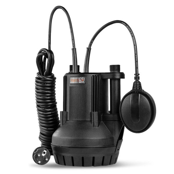 Schwarze FUXTEC Tauchpumpe mit Schwimmerschalter und Anschlusskabel.