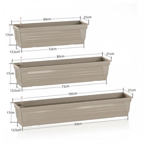 Balkonkasten in Taupe in drei Größen mit Maßangaben für 60 Zentimeter, 80 Zentimeter und 100 Zentimeter Länge sowie Wasserstandsanzeiger.