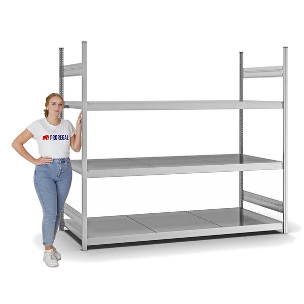 PROREGAL Weitspannregal Stecksystem T-Profil Grundregal HxBxT 200x225x80 cm 3 Ebenen Stahlplatten Fachboden Fachlast 350 kg Verzinkt
