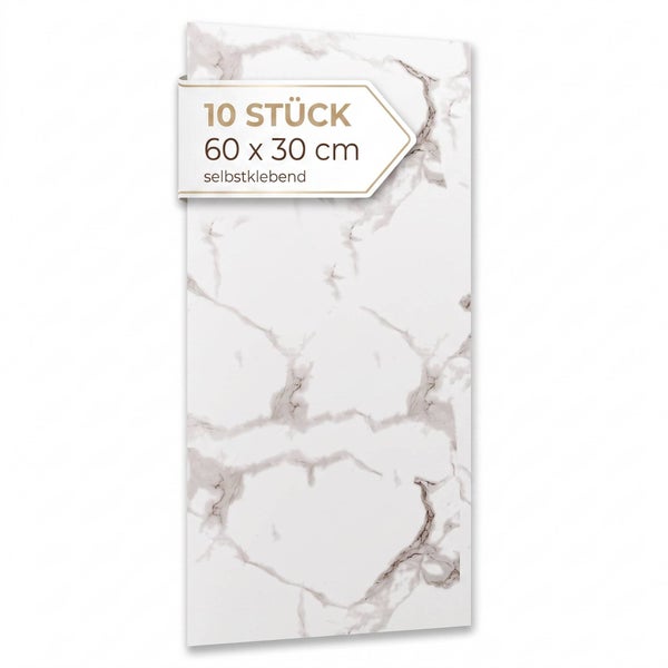 Set von zehn selbstklebenden Wandpaneelen in Marmoroptik mit den Maßen 60 mal 30 Zentimeter.