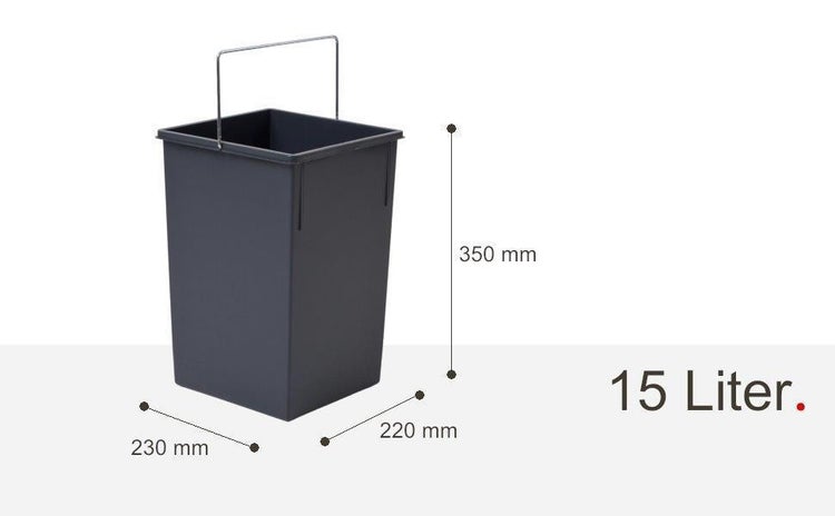 Dunkelgrauer Kunststoff-Abfalleimer mit Metallbügel, 15 Liter, Maße 230 Millimeter mal 220 Millimeter mal 350 Millimeter.