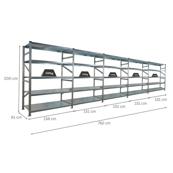 Metallregal mit den Maßen 200 cm Höhe, 762 cm Breite und 61 cm Tiefe, Traglast 130 kg pro Regalboden