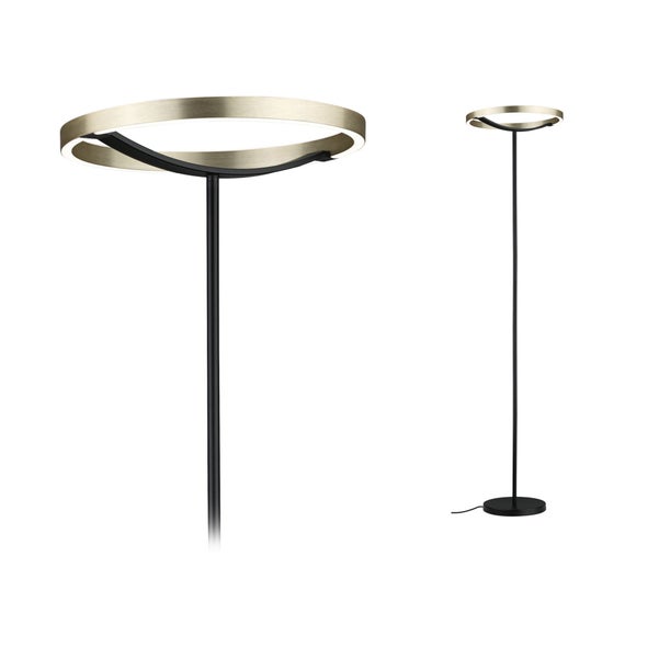 Moderne ringförmige LED-Stehleuchte mit schwarzem Gestell und metallfarbenem Lampenschirm in Ringform.