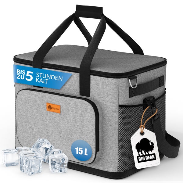Graue Kühlbox mit Tragegriffen, einem Fassungsvermögen von 15 Litern und dem Hinweis, dass sie bis zu 5 Stunden kühlt