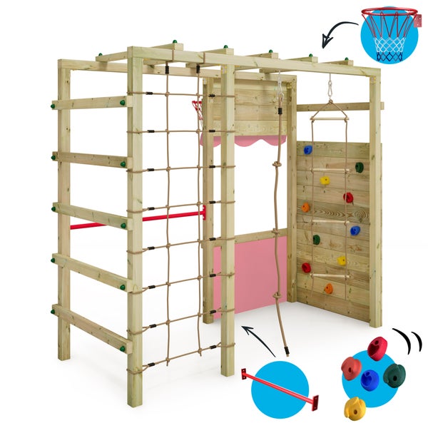 WICKEY Klettergerüst Spielturm Smart Action Gartenspielgerät mit Kletterwand und Spiel-Zubehör – pastellpink