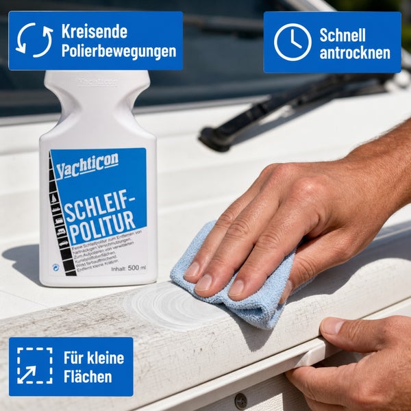 Yachticon Schleifpolitur 500 ml zur Anwendung auf Kunststoffoberflächen mit einem Tuch zum Entfernen von hartnäckigen Verschmutzungen und Kratzern.