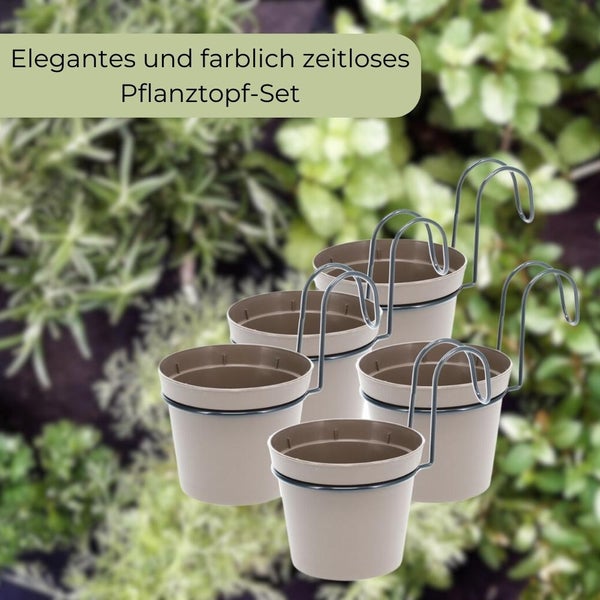 5 x Hängetopf Blumentopf Pflanztopf Set mit Halterung Metall Wandhalterung Haken Aufhängung innen außen Pflanzenhänger Kunststoff