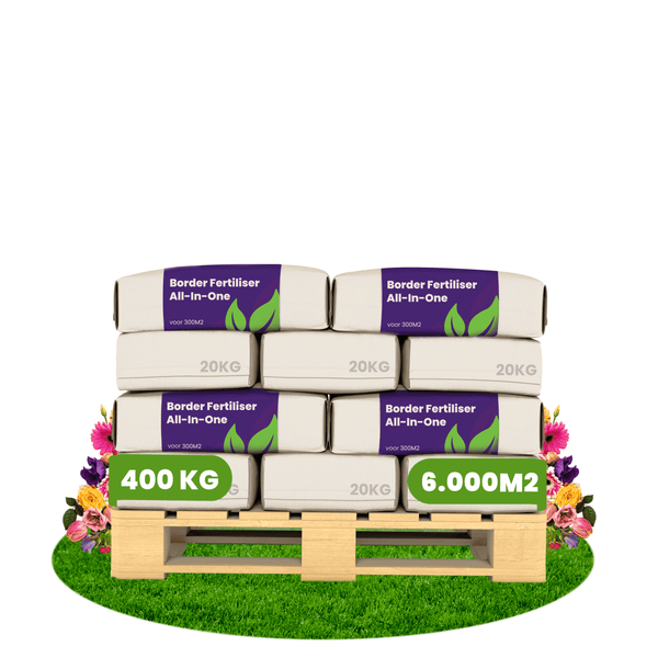 20 Säcke Border Dünger All-In-One zu je 20 Kilogramm auf einer Palette, insgesamt 400 Kilogramm für 6000 Quadratmeter.