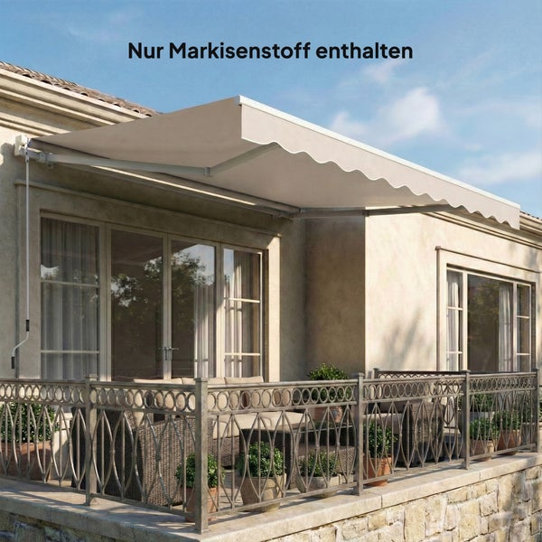 Beige Markise über einer Terrasse mit Metallgeländer und Gartenmöbeln. Nur Markisenstoff im Lieferumfang enthalten.