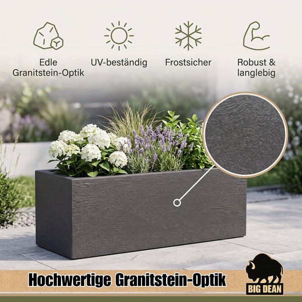 Rechteckiger Pflanzkasten in Granitstein Optik mit Blumenbepflanzung, witterungsbeständig, UV beständig und frostfest, Logo Big Dean.