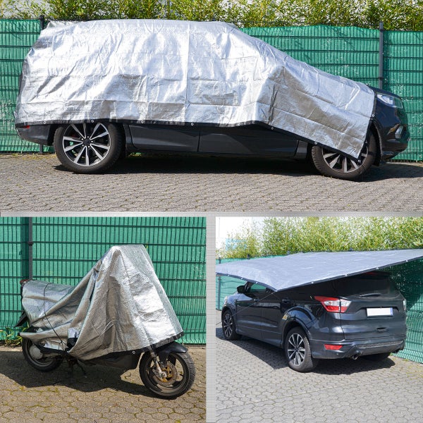 Silbergraue Schutzplane in drei Anwendungen: als Autoabdeckung, Motorroller-Abdeckung und als Sonnensegel am Fahrzeugheck montiert.