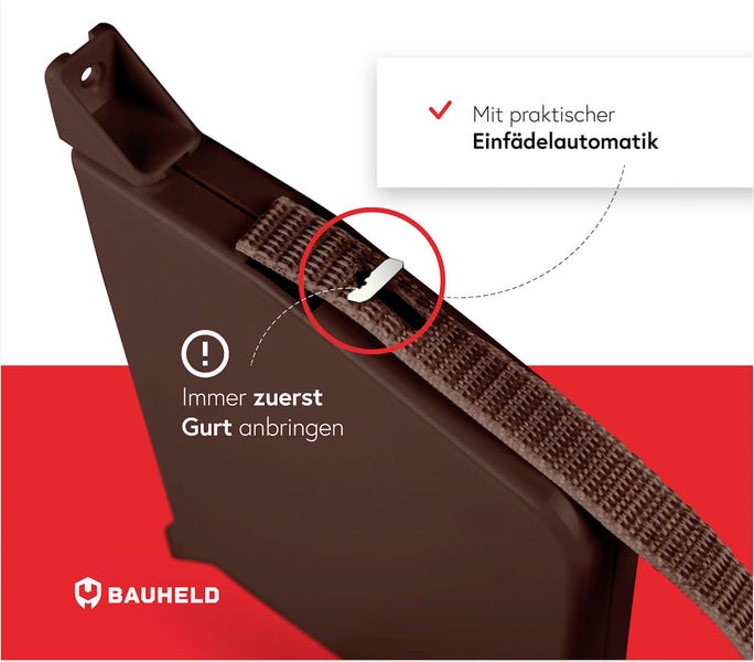 Detailansicht eines Rollladenkastens mit Gurtführung und Einfädelautomatik. Bauheld Logo.